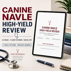 Puede incluir: Una tableta digital que muestra el PDF Canine Navle High-Yield Review, con 54 páginas y 13 sistemas corporales. La pantalla presenta patrones clínicos, diagnósticos y tratamientos. Un estetoscopio y un bolígrafo están colocados cerca.
