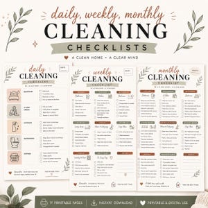 May include: Three printable cleaning checklists titled daily, weekly, and monthly cleaning checklists. Each page features organized tasks for various rooms, checkboxes, and decorative leaf illustrations in a neutral color palette.