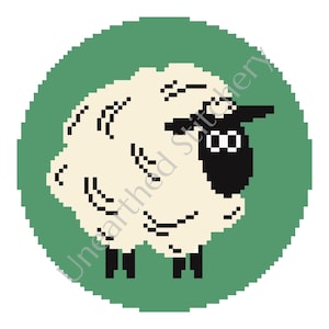 May include: A circular pixel art design featuring a white sheep with a black face and black legs set against a solid green background. The text Unearthed Stitchery is overlaid diagonally across the center of the sheep in a light gray font.