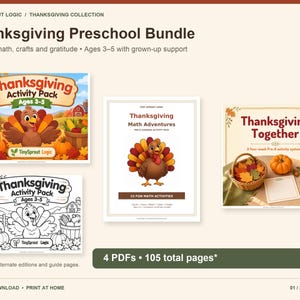 Op de afbeelding: Een Thanksgiving-voorschoolpakket als digitale download met vier pdf's en in totaal 105 pagina's. De collectie bevat activiteitenpakketten, rekenavonturen en gidsen met illustraties van kalkoenen, pompoenen en herfstbladeren.