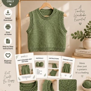 Könnte beinhalten: Eine salbeigrüne Strickweste mit geripptem Rundhalsausschnitt, Armausschnitten und Saum. Das Bild zeigt eine digitale PDF-Anleitung für dieses Kleidungsstück mit Text wie graaayyyy, Knit Sweater Vest Pattern und Small Patterns Big Happiness.