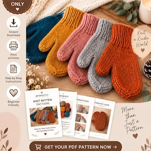 May include: A digital PDF knitting pattern for mittens by graaayyyy, featuring five hand-knit mittens in blue, mustard yellow, pink, gray, and orange. The image includes printed instruction sheets with photos, text, and icons for instant download.