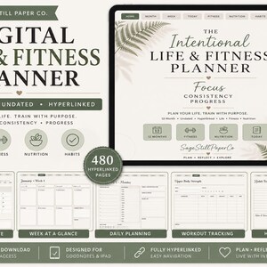 Op de afbeelding: Een digitale levens- en fitnessplanner op een tabletscherm, uitgevoerd in saliegroen en wit met varenbladillustraties. De interface bevat navigatietabbladen, secties voor doelregistratie en de tekst The Intentional Life & Fitness Planner, 12-Month, Undated, Hyperlinked en 480 Hyperlinked Pages.