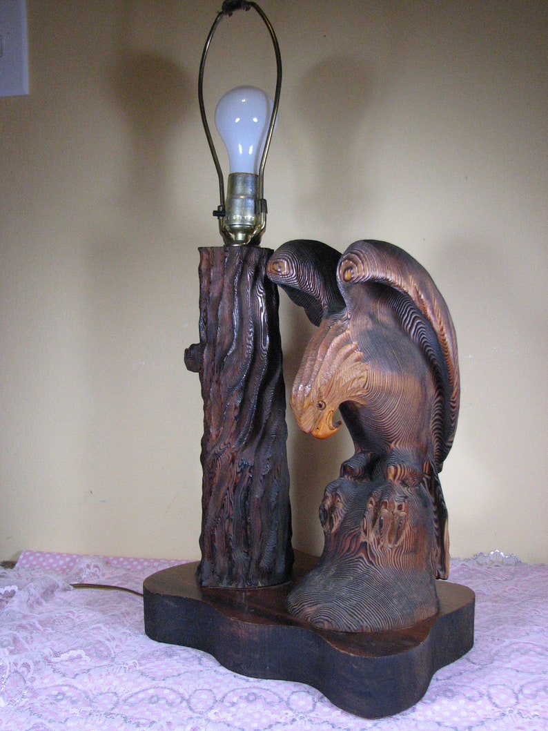 Vintage Carved Cedar Wood Eagle Lamp1970's Etsy