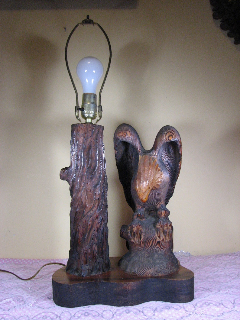 Vintage Carved Cedar Wood Eagle Lamp1970's Etsy