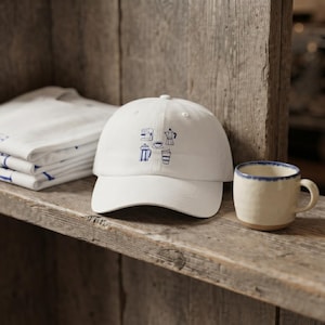 Peut inclure: Une casquette de baseball blanche avec un petit motif brodé bleu foncé sur le panneau avant. La broderie représente une collection d'objets liés au café, incluant une machine à café, une cafetière italienne, une presse française et des tasses.