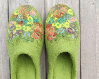 Felt slippers women house shoes Fantasy flower meadow, slip on, romantic gift for her