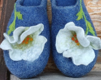 Blue felt wool slippers 3 D Poppy, women slip on slippers, rubber or latex soles