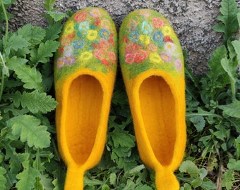 Felted slippers, women house shoes, yellow slippers, Fantasy Flower Garden