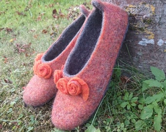 Felt wool slippers, women house shoes, wool clogs, Autumn, orange, gray wool