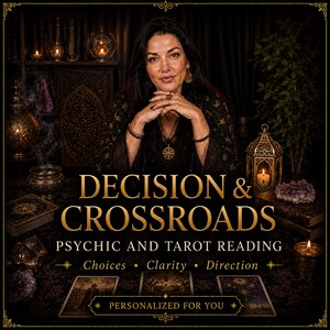 Può includere: Un servizio di lettura dei tarocchi e chiaroveggenza intitolato DECISION & CROSSROADS, con il testo PSYCHIC AND TAROT READING, Choices, Clarity, Direction e PERSONALIZED FOR YOU, visualizzato su uno sfondo mistico scuro con tarocchi.