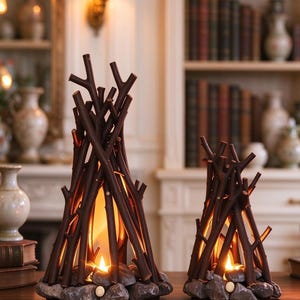May include: Two decorative lamps shaped like miniature campfires, constructed from dark brown twigs arranged in a conical structure over a base of grey stones. Each lamp features a warm, glowing light source at the center, mimicking the appearance of a flickering flame.