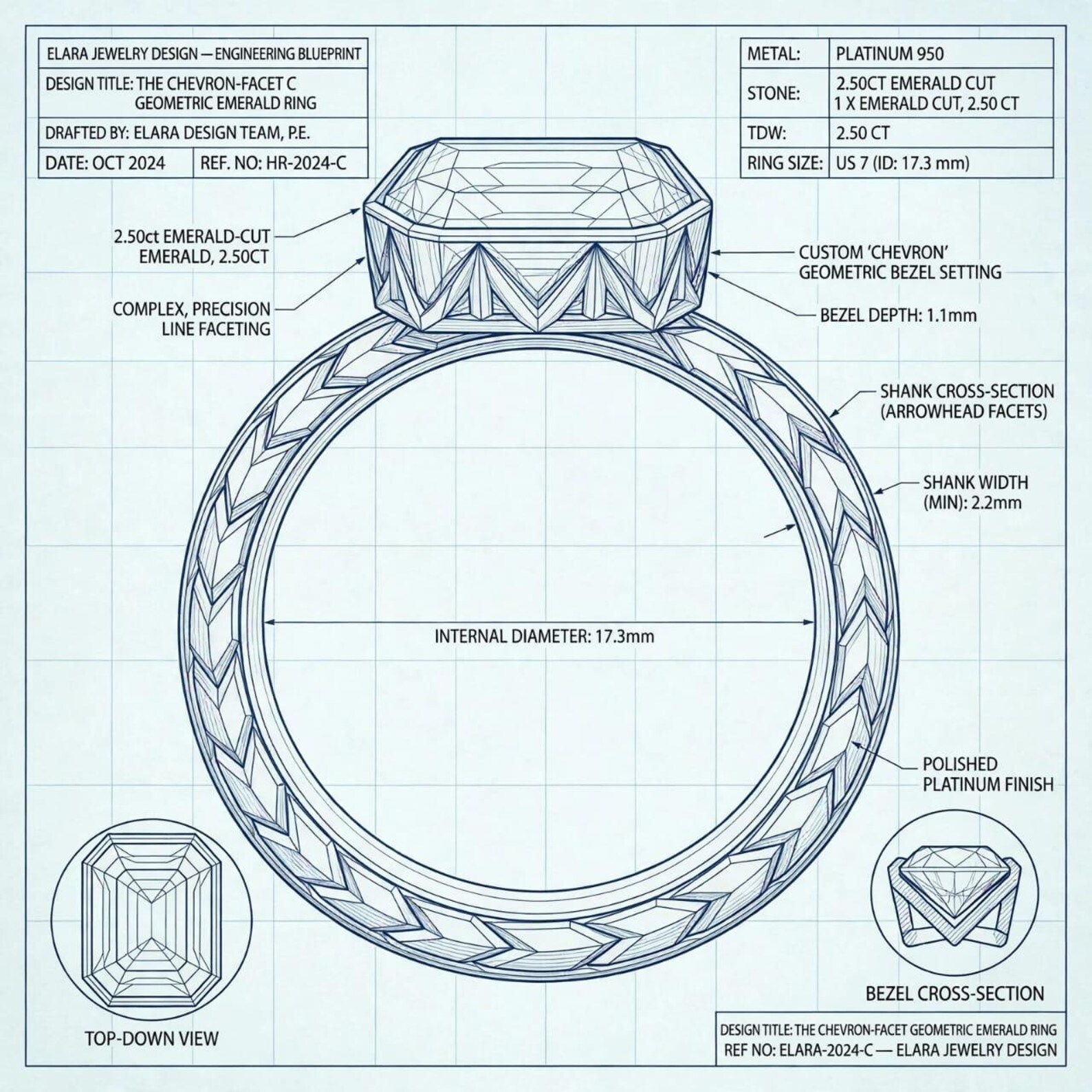 Emerald Ring Design Blueprint, Geometric Chevron Ring Sketch, Digital ...