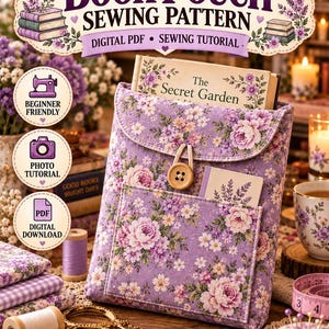 May include: A fabric book pouch featuring a lavender floral pattern with a front pocket, a wooden button closure, and a loop. The pouch contains a book titled The Secret Garden. The text reads BOOK POUCH SEWING PATTERN DIGITAL PDF SEWING TUTORIAL.