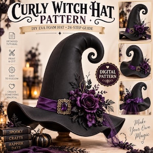 May include: A black curly witch hat pattern featuring a 24-step DIY EVA foam guide. The hat is adorned with a purple ribbon, a gold-toned brooch with a purple gem, and dark purple floral accents. Text includes Curly Witch Hat Pattern.