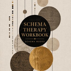 Może przedstawiać: Okładka książki zatytułowana Schema Therapy Workbook Schema Modes na beżowym tle z różnymi nakładającymi się kołami w odcieniach czerni, brązu i beżu. Cienkie pionowe linie łączą małe kropki i koła w całej kompozycji.