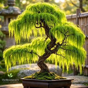 Puede incluir: Un bonsái llorón con un tronco marrón grueso y retorcido y follaje verde brillante en forma de aguja. El árbol está plantado en una maceta rectangular de cerámica marrón oscuro cubierta de musgo. El texto TheBloomoraUS es visible en la esquina.