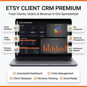 Op de afbeelding: Een laptop met het Etsy Client CRM Premium dashboard met datavisualisaties, waaronder een cirkeldiagram en een staafdiagram. Labels zijn onder andere Client Database, Order Tracker, Revenue Analytics, VIP Customers en Follow-Up Management.