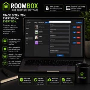 May include: A laptop displaying RoomBox home inventory software with a dark interface. The screen shows an item list and an add item form. Text on the screen includes Track Every Item, Every Room, Every Box, and RoomBox Home Inventory Software.