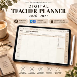 May include: A digital teacher planner for 2026-2027 displayed on a tablet screen. The interface shows a weekly lesson planner layout with columns for days of the week, period rows, and a weekly to-do list. Text includes TaranenkoSoftware and Digital Teacher Planner 2026-2027.