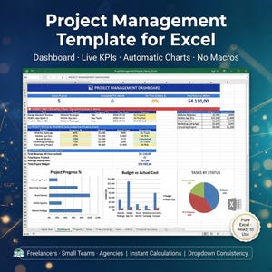 May include: A digital project management template for Excel featuring a dashboard with live KPIs, automatic charts, and no macros. The interface displays project status, financial summaries, and progress graphs with text labels including Project Management Template for Excel.
