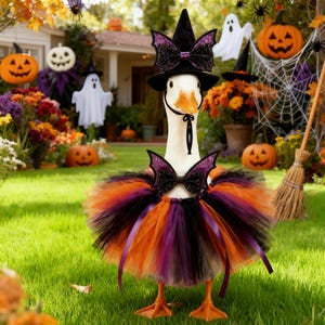 May include: A white goose wearing a black witch hat with a purple glittery butterfly accent, a matching purple glittery butterfly bow tie, and a layered tulle tutu in shades of orange, black, and purple, standing on a green lawn.