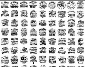 May include: A digital collection of over 100 black and white graphic designs featuring sarcastic sayings and typography. The bundle includes various phrases about coffee, social batteries, and daily life, presented in SVG, PNG, DXF, and EPS file formats.