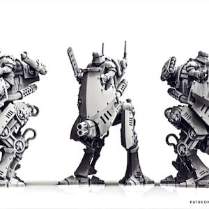 May include: Three grey miniature walker figures with armoured pilots, each featuring a large front shield, mechanical legs, and mounted weaponry including cannons and a chainsword. The text PATREON THE MAKERS CULT is visible in the bottom right corner.