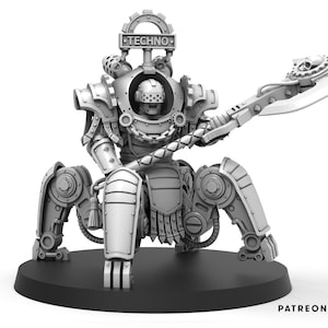 May include: A gray, unpainted miniature figure of a mechanical warrior with multiple legs, a helmeted head, and a large axe. The figure features a gear-shaped crest above the head with the word TECHNO printed on it, and it stands on a circular base.