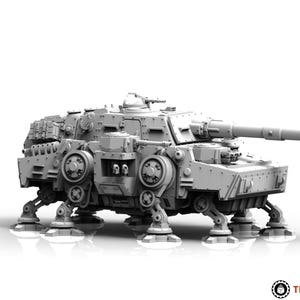 May include: A grey, unpainted 3D-printed miniature tank model featuring a large main cannon, multiple side-mounted turrets, and a complex chassis supported by six mechanical legs. The model includes the text READY TO PRINT and THE MAKERS CULT.