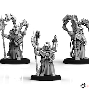 May include: Three grey miniature figures standing on black circular bases. Each figure wears a hooded robe and carries a long staff with a gear-shaped top. Mechanical appendages extend from their backs, and they feature intricate tubing details.