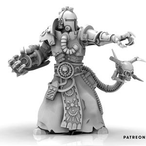 Peut inclure: Une figurine miniature gris clair représentant un guerrier en armure lourde avec un casque, des tubes sur la poitrine et une longue robe. La figurine présente une pince mécanique sur un bras, un emblème de crâne à la ceinture et un drone crâne.