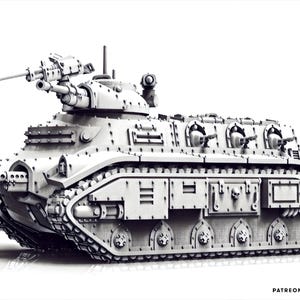 Puede incluir: Un modelo de tanque en miniatura de color gris claro con una torreta giratoria con un cañón montado, un arma frontal y tres cañones laterales. El vehículo tiene orugas detalladas, blindaje remachado y un pequeño emblema de calavera lateral.