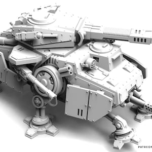 May include: A white, unpainted 3D printed model of a futuristic armoured tank with four mechanical legs, a rotating turret, and a large main cannon. The model features intricate panelling, rivets, and side-mounted weaponry. Text reads READY TO PRINT and THE MAKERS CULT.