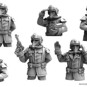 May include: A set of six grey resin miniature busts depicting soldiers in military uniforms with gas masks, helmets featuring skull emblems, and various gear including binoculars and pistols. The text READY TO PRINT and THE MAKERS CULT is visible.