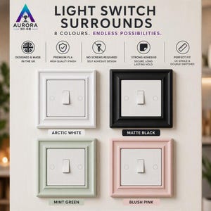 May include: A set of four square light switch surrounds in arctic white, matte black, mint green, and blush pink. The display includes text labels for each color and icons indicating features like self-adhesive design and UK switch compatibility.