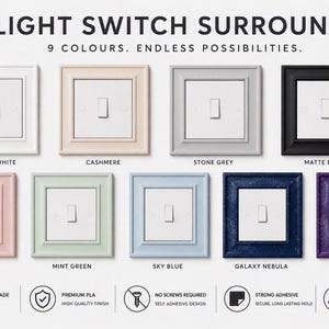 May include: Nine square light switch surrounds in various colours including arctic white, cashmere, stone grey, matte black, blush pink, mint green, sky blue, galaxy nebula, and galaxy purple. Each frame surrounds a white single light switch.