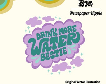 Drink More Water Bestie PNG Groovy, Retro, Funky