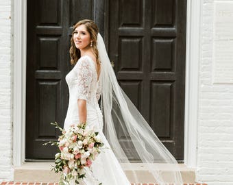 Scalloped Cathedral Length Wedding Veil 1 Tier Scalloped Edge with Pearls