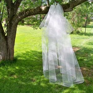 Custom Chapel Length Wedding Veil Made to Order Blusher 2 Tier Silver Pencil Edge
