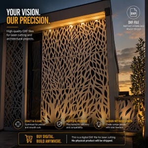 May include: A digital DXF file for laser cutting featuring an intricate, organic branch-like pattern. The design is displayed as a white architectural screen panel with cutouts, illuminated by warm lighting against a dark exterior building wall.