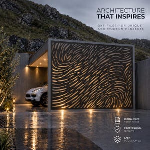 May include: A large, rectangular, dark-coloured metal screen with a swirling, abstract cut-out pattern installed as a wall panel on a modern building exterior. The text reads: ARCHITECTURE THAT INSPIRES, DXF FILES FOR UNIQUE AND MODERN PROJECTS.