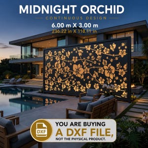 Puede incluir: Un archivo digital DXF para una pantalla con diseño continuo Midnight Orchid que mide 6,00 m por 3,00 m. El patrón presenta una composición repetitiva de flores y tallos de orquídeas, diseñado para el corte láser de paneles metálicos.