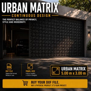 Może przedstawiać: Cyfrowy plik DXF dla panelu bramy garażowej z ciągłym wzorem Urban Matrix. Panel posiada geometryczny wzór i ma wymiary 5,00 m na 3,00 m. Obraz zawiera tekst Urban Matrix, Continuous Design oraz Buy Your DXF File.