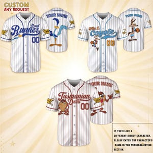 Camiseta de béisbol personalizada de Looney Tunes, camiseta personalizada de Road Runner, Wile E. Coyote y Taz, camiseta de béisbol de dibujos animados con nombre y número personalizados.