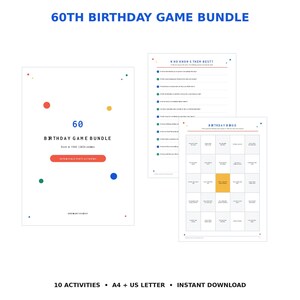 May include: A 60th birthday game bundle featuring a cover page with the text 60 BIRTHDAY GAME BUNDLE, Born in 1966 2026 edition, and 10 PRINTABLE PARTY ACTIVITIES. Includes a Who Knows Them Best questionnaire and a Birthday Bingo grid card.