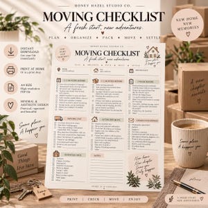 Op de afbeelding: Een geprinte verhuischecklist getiteld Honey Hazel Studio Co. Moving Checklist met secties voor plannen, organiseren, inpakken, verhuizen en settelen. De pagina bevat selectievakjes, tekstprompts en decoratieve botanische illustraties.