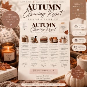 Op de afbeelding: Een printbare Autumn Cleaning Reset checklist met een gestructureerd raster voor opruimen, dieptereiniging, seizoenswisselingen en gezellige taken. Het document bevat tekstkoppen, selectievakjes en decoratieve herfstbladpictogrammen.