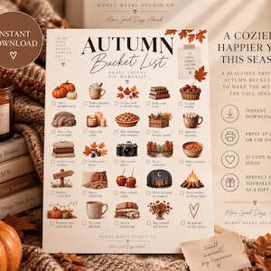 Op de afbeelding: Een printbare herfst-bucketlist met vijfentwintig geïllustreerde seizoensactiviteiten, waaronder pompoenen plukken, warme chocolademelk en gezellig lezen. Het witte document toont bruine tekst en iconen met de titel Autumn Bucket List.