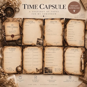 Op de afbeelding: Een set van acht printbare A4-pagina's voor een tijdcapsule, uitgevoerd op vintage perkamentpapier met gebrande randen. De pagina's bevatten titels zoals My Time Capsule, A Letter to My Future Self, About Me, My Daily Life, Dreams en Goals.